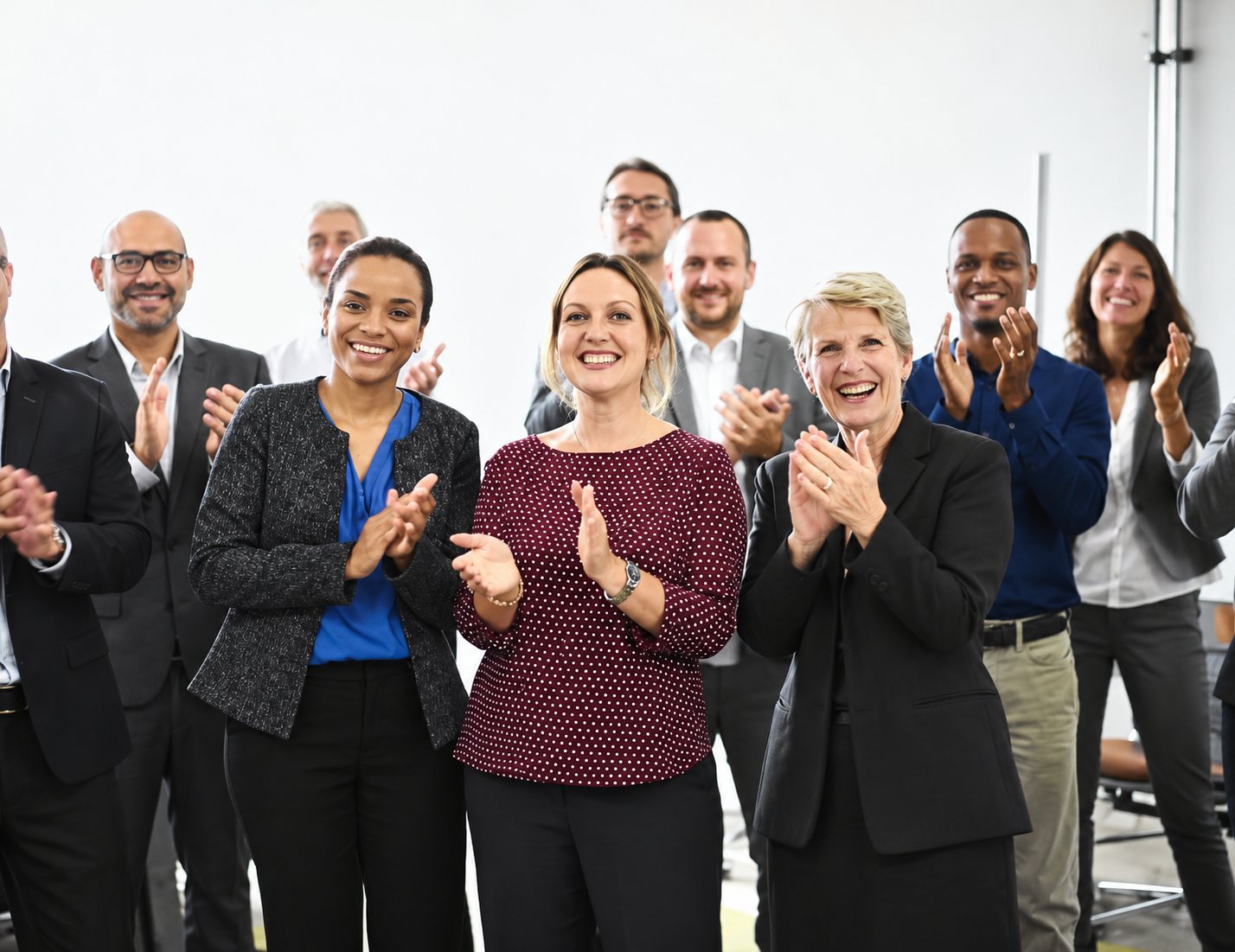 Un groupe de neuf collègues en tenue professionnelle sourit et applaudit, debout dans une pièce claire.