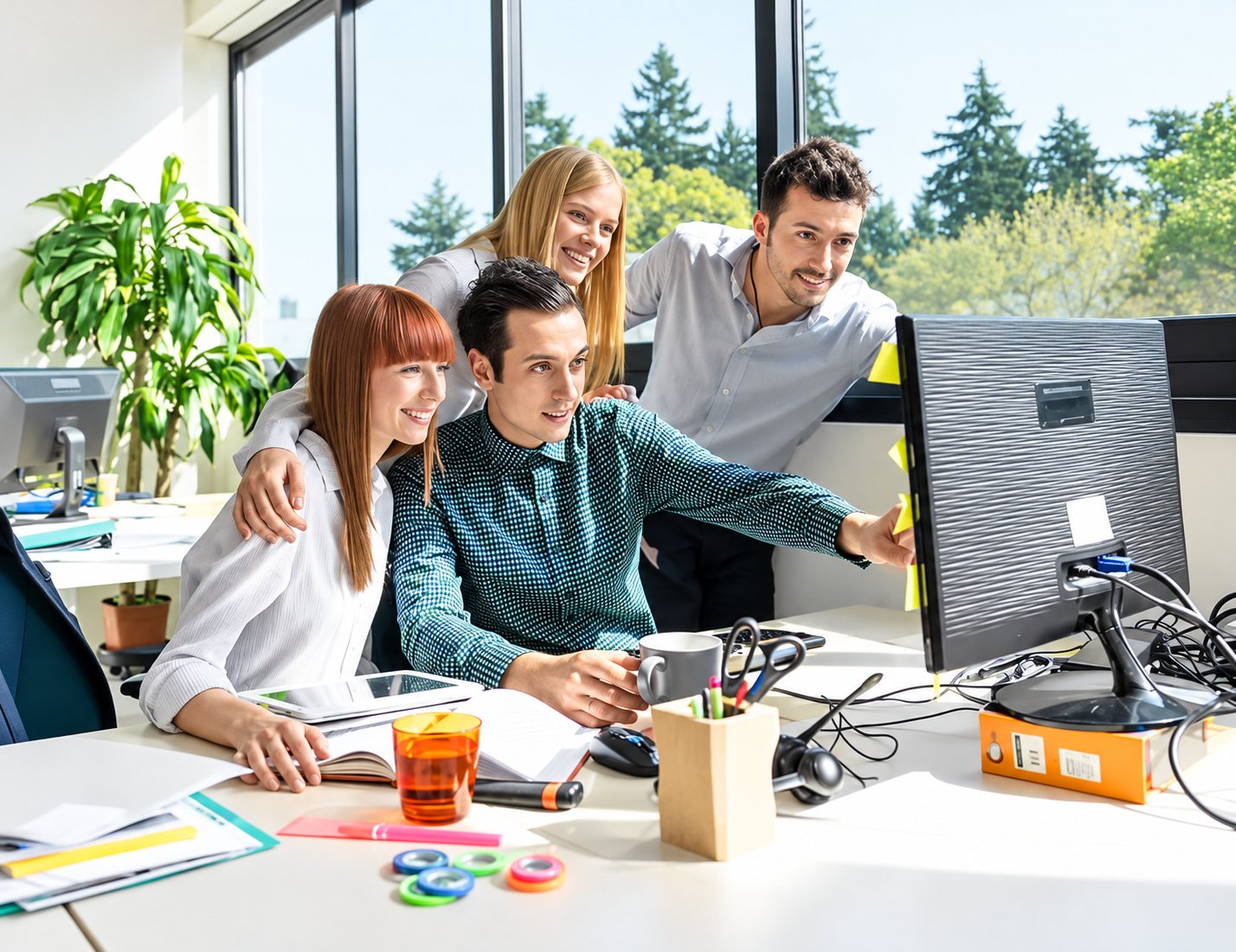 Quatre jeunes collègues souriants se regroupent autour d'un écran d'ordinateur sur un bureau encombré, dans un espace de travail lumineux avec de grandes baies vitrées et des plantes.