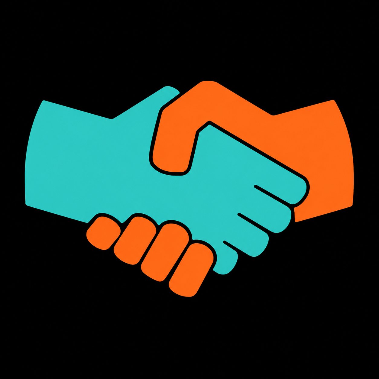 Illustration graphique de deux mains qui se serrent, l'une turquoise et l'autre orange, sur fond noir.