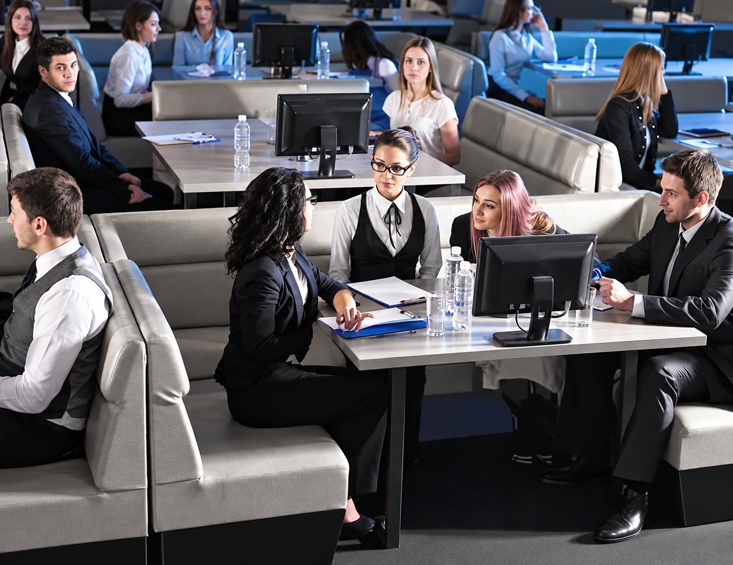 Des personnes en tenue professionnelle sont assises sur des banquettes grises autour de tables équipées d'écrans d'ordinateur et de bouteilles d'eau, et discutent entre elles.